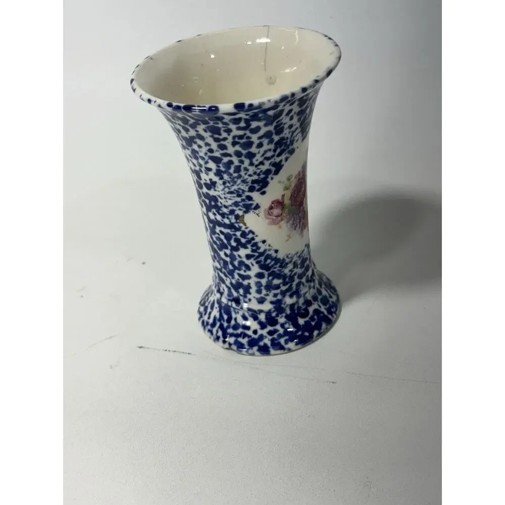 Antique Meco Czecho Slovakia Blue Spongeware Floral Art Pottery Vase 6